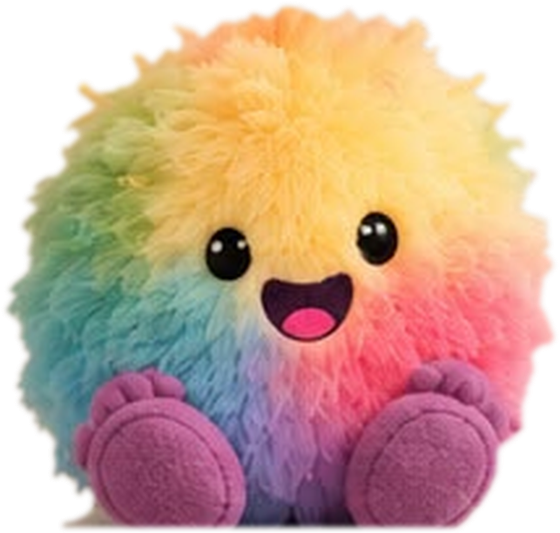 Flauschi, ein flauschiges Regenbogen-Wesen mit lila Füßen